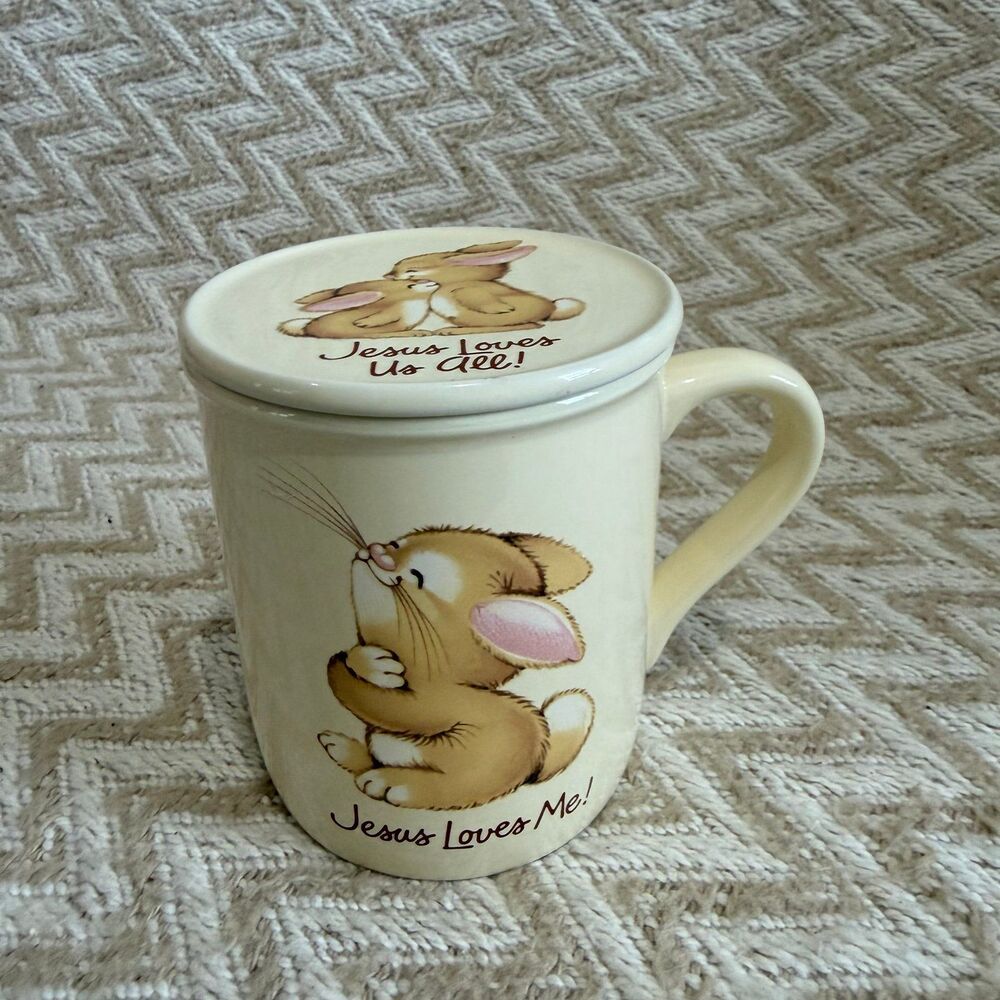 Vintage Hallmark Mug Mates Coffee Cup w Lid Jesus Loves Me & You Bunny